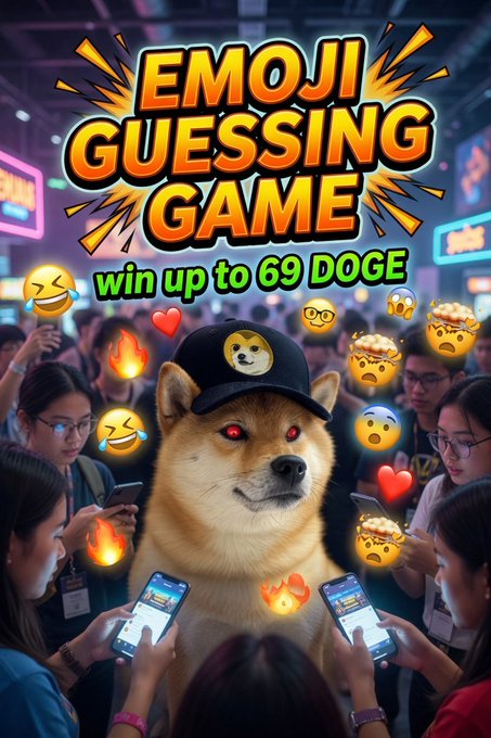 The image features a poster advertising an Emoji guessing game, with a dog wearing a hat as part of its appearance. The poster includes various emojis related to the game, such as a fire, a heart, and a phone. There are also several people in the background who appear to be participating or observing the game. The text on the poster encourages players to "Win up to 69 DOGE" by entering their guesses for the emojis.