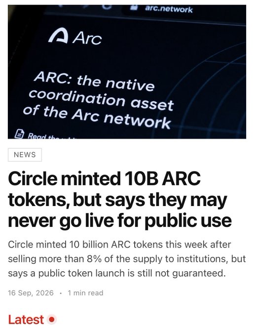 A news article headline stating "Circle minted 10B ARC tokens, but says they may never go live for public use," dated 16 Sep, 2026, with an image of Arc's website describing ARC as the native asset of the Arc network.