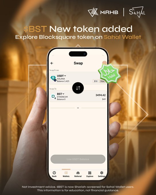 The image is a promotional graphic from MRHB and Sahal announcing the addition of $BST (Blocksquare Token) to the Sahal Wallet, showing a mobile phone interface where users can swap 50 USDT for 3,494.42 BST on Ethereum, with a green "Shariah Halal" badge highlighting its compliance status for the Muslim community.