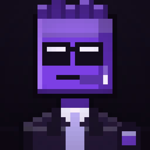 A pixel art portrait of a purple character with a rectangular head, wearing glasses, a white shirt, and a dark suit jacket against a dark background.