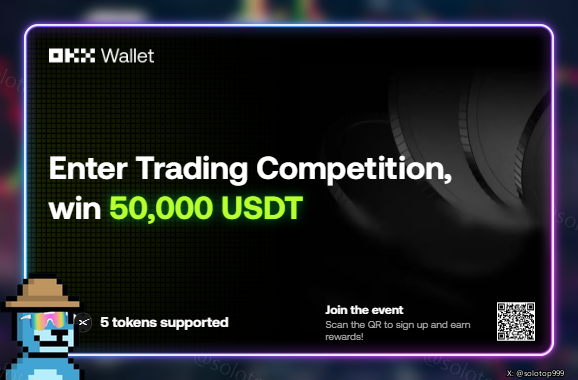 A promotional graphic for OKX Wallet advertising a trading competition with the text 'Enter Trading Competition, win 50,000 USDT' and a QR code, featuring a pixel-art cowboy character.
