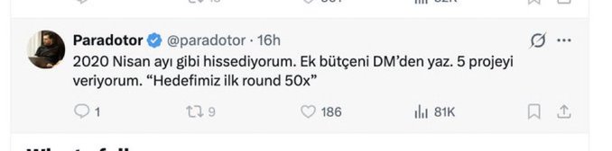 Tweet from Paradot (@paradotor) saying they remember April 2020, are writing a new DM this week, delivering 5 projects, with a goal of 'ilk round 50x', showing 186 likes and 81K views.
