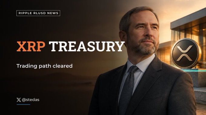 A promotional graphic featuring a man in a suit, the Ripple XRP logo, and text reading 'RIPPLE RLUSD NEWS', 'XRP TREASURY', 'Trading path cleared', and 'X @stedas'.