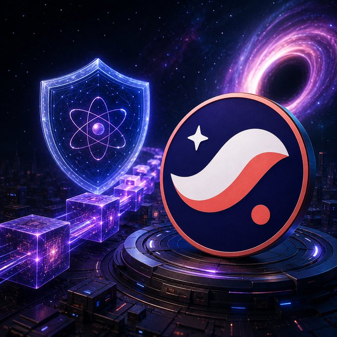 A glowing quantum-secure shield with an atom symbol stands beside a Starknet logo on a futuristic platform, with a cosmic black hole swirling above—visually representing Starknet's preparation for the post-quantum era in blockchain cryptography.