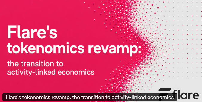 A red and white graphic with the text "Flare's tokenomics revamp: the transition to activity-linked economics" alongside the Flare logo and a dotted pattern.