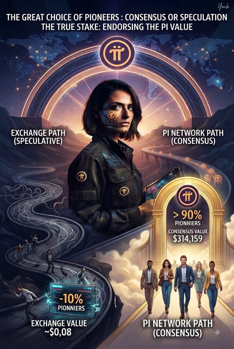 Infographic titled 'THE GREAT CHOICE OF PIONEERS: CONSENSUS OR SPECULATION THE TRUE STAKE: ENDORSING THE PI VALUE', contrasting the 'EXCHANGE PATH (SPECULATIVE)' with ~10% Pioneers and ~$0.08 exchange value against the 'PI NETWORK PATH (CONSENSUS)' with >90% Pioneers and a consensus value of $314,159, featuring a central figure with a Pi Network logo on her cheek.