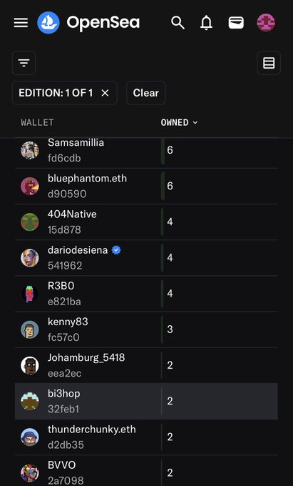 A screenshot from OpenSea showing a wallet leaderboard for a 1/1 edition, with users like Samsamillia (6 owned) and bluephantom.eth (6 owned) at the top, suggesting the poster needs to accumulate more NFTs to join these top holders. The displayed wallet addresses and ownership counts highlight the competitive nature of achieving a spot on this exclusive leaderboard.