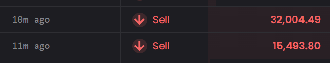 Two recent sell orders for the ticker $PRM—32,004.49 and 15,493.80 units—totaling roughly $47.5k in liquidation, highlighting the large on-chain sell-off referenced in the caption.