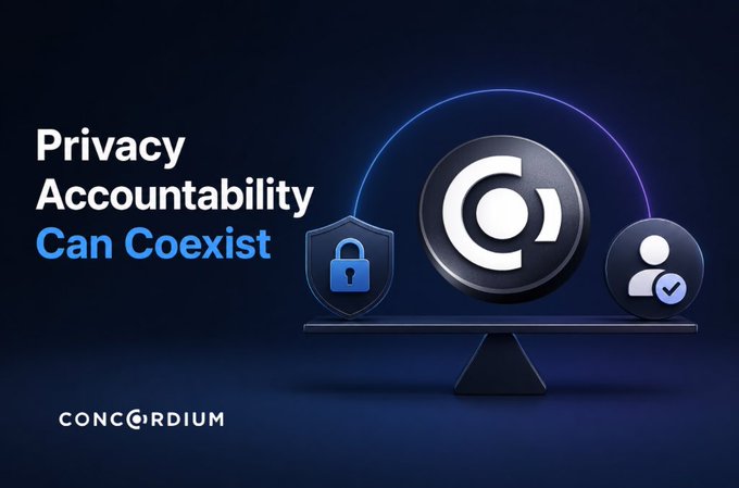 Digital advertisement for 'CONCORDIUM' reading 'Privacy Accountability Can Coexist' featuring a lock shield icon, a 'C' logo on a scale, and a user verification icon.