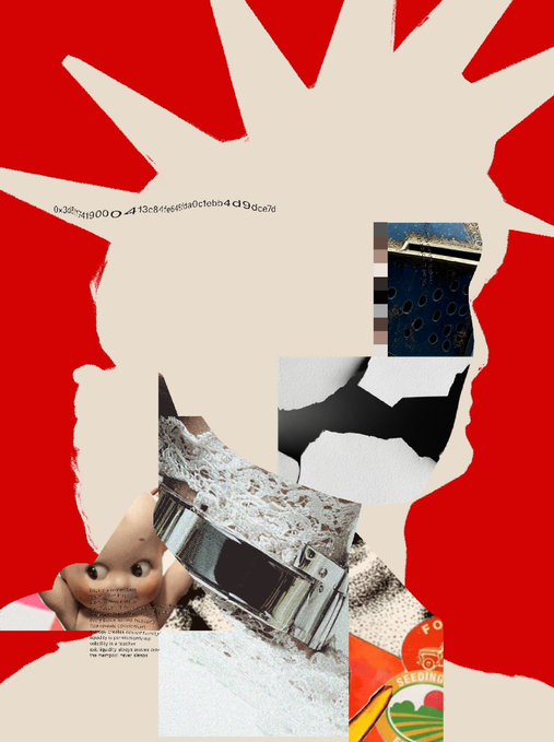 The image features a collage of various images, including a portrait of a woman wearing a crown, which appears to be a representation of the Statue of Liberty. The collage also includes other elements such as a doll with a crown, a car, and a house. The background color is red, creating a striking contrast against the white and black elements in the collage.