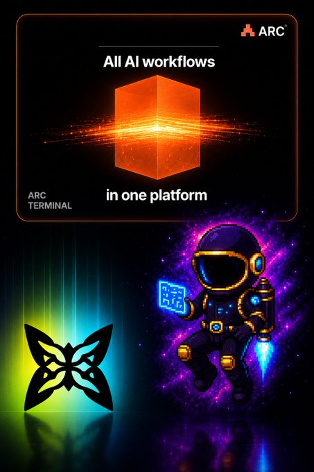 A promotional graphic for 'ARC' showing 'All AI workflows in one platform' with an orange glowing cube, plus a butterfly logo and an astronaut mascot character.