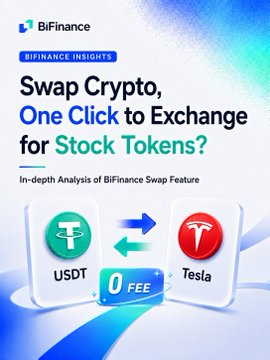 A BiFinance Insights promotional graphic asking 'Swap Crypto, One Click to Exchange for Stock Tokens?' featuring icons for USDT and Tesla with a '0 FEE' label between them.