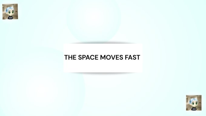 A minimalist light blue background with two small cartoon NFT avatars in the corners and the centered text 'THE SPACE MOVES FAST'.