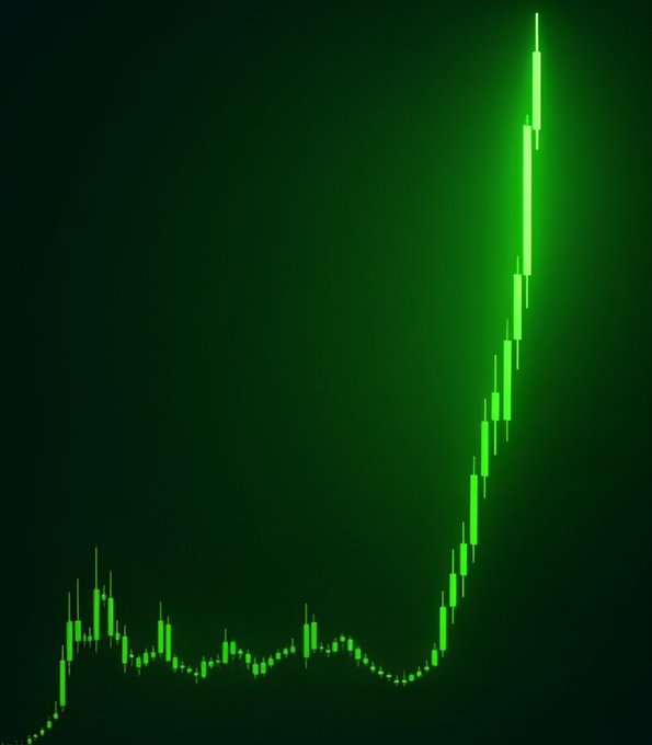 A green candlestick chart showing a long period of flat or declining prices followed by a dramatic vertical spike upward in the top right corner.