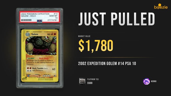A yellow card with a picture of a Pokemon character on it, being sold for $1,780 by a seller named "Beezie" on eBay. The card also has an autograph value of 1,000 points according to the seller.