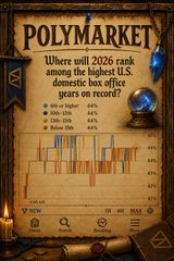 A promotional graphic titled 'POLYMARKET' asking 'Where will 2026 rank among the highest U.S. domestic box office years on record?' with a bar chart and percentage options below.