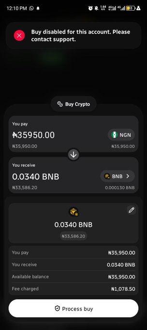 A mobile screen shows a 'Buy Crypto' interface for purchasing 0.0340 BNB with 35,950.00 NGN, but displays an error message 'Buy disabled for this account.'