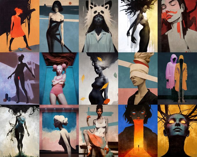 A grid of surreal, painterly portraits depicts stylized figures and faces in various abstract, muted compositions.