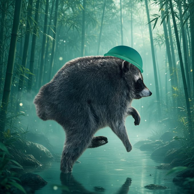 A badger wearing a teal cap leaps through a misty bamboo forest, embodying the whimsical "Jimothy" meme as it appears to be in the midst of its unpredictable price discovery journey.