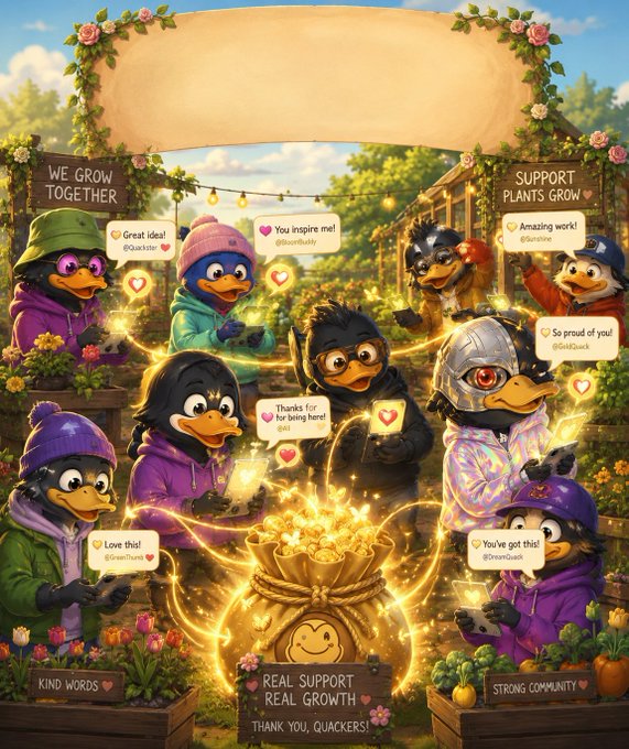 "Gn Quackers" is a group of cartoon ducks that are shown together, with one duck holding a gold bag. The image also includes text about support for plants growing and a social media handle @wallchain.