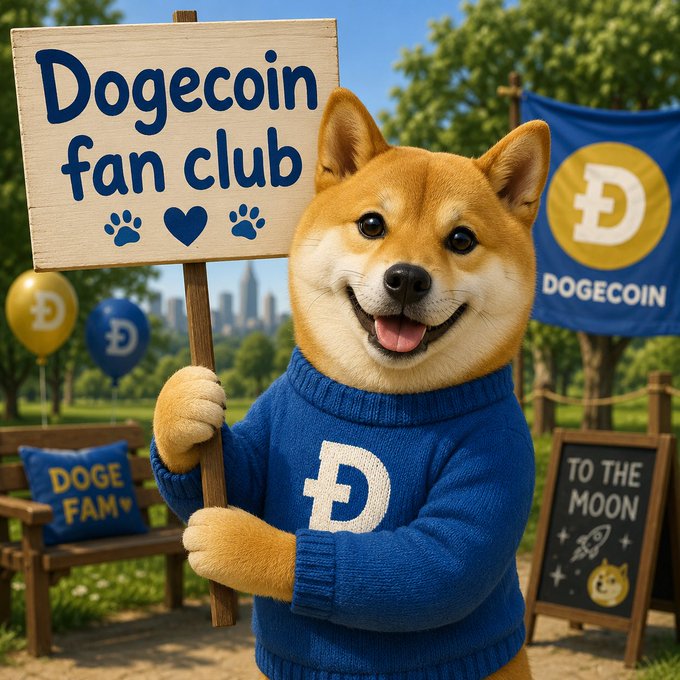 A 3D-rendered Shiba Inu dog wearing a blue Dogecoin sweater, holding a 'Dogecoin fan club' sign, with 'TO THE MOON' and 'DOGE FAM' signs in a park setting.