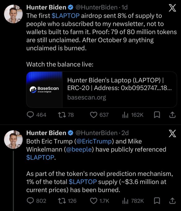 Two tweets from the verified @HunterBiden account reference "$LAPTOP" tokens, with the top post claiming an airdrop sent 8% of supply to newsletter subscribers and noting 79 of 80 million tokens remain unclaimed before being burned after October 9, while the older post mentions Eric Trump (@EricTrump) and Mike Winkelmann (@beeple) publicly referenced the $LAPTOP token, alongside a screenshot showing 1% of total supply (~3.6 million tokens) was burned as part of a prediction mechanism.