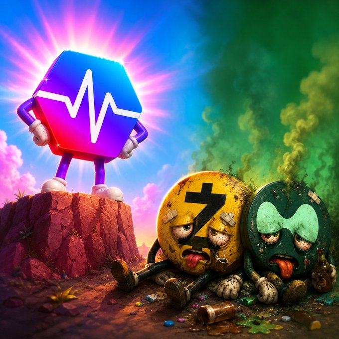 A vibrant cartoon illustration showing a triumphant purple hexagonal character with a heartbeat line standing victoriously on a rock, while two battered coin characters (yellow and green) sit defeated below amid green toxic smoke.