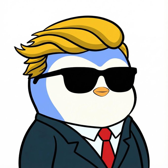 A cartoon penguin styled with Donald Trump's signature blonde hair, suit, and red tie, wearing black sunglasses—likely meant to evoke a "meme president" or crypto hype aesthetic. The image accompanies a bullish post about $PENGU being the top-performing memecoin, with the penguin mascot serving as a playful visual tie-in to the token's branding.