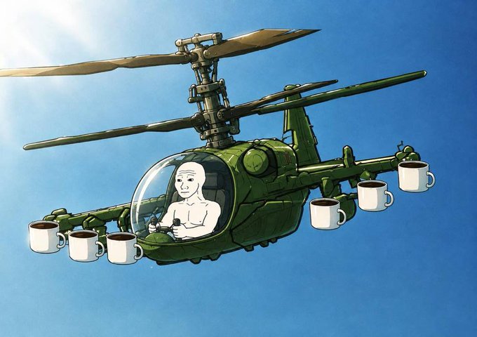 An illustration depicts a Wojak-style figure inside a cockpit flying a military helicopter that has coffee mugs attached to its rotor blades.