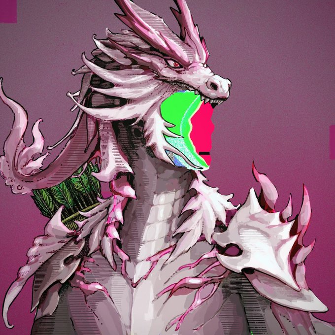 A digital illustration of a white and pink dragon-like creature with sharp teeth, glowing accents, and spiky features against a pink background.