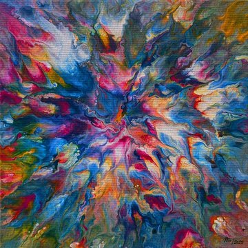 An abstract expressionist painting features vibrant, thick strokes of blue, pink, yellow, and green bursting from the center on a canvas.