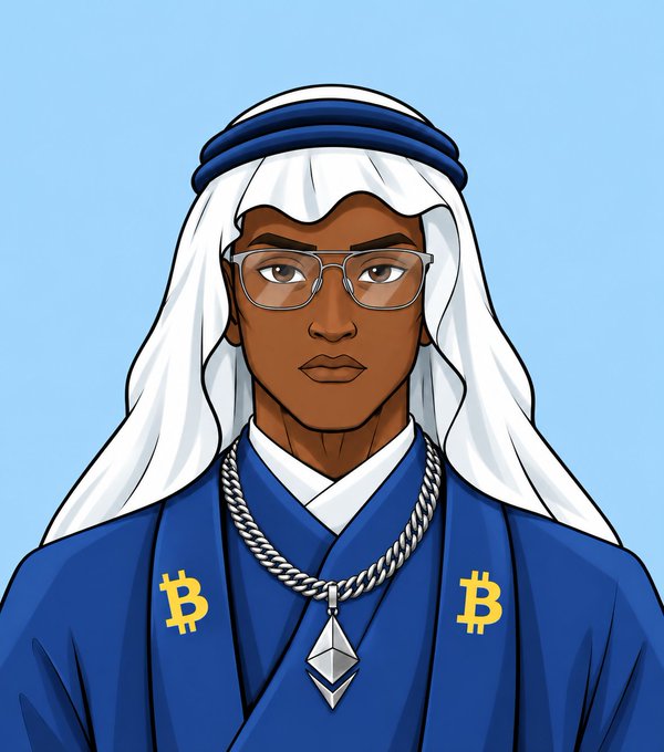 A cartoon illustration depicts a young man wearing a white headdress, glasses, a blue Bitcoin-logo robe, and an Ethereum pendant necklace.