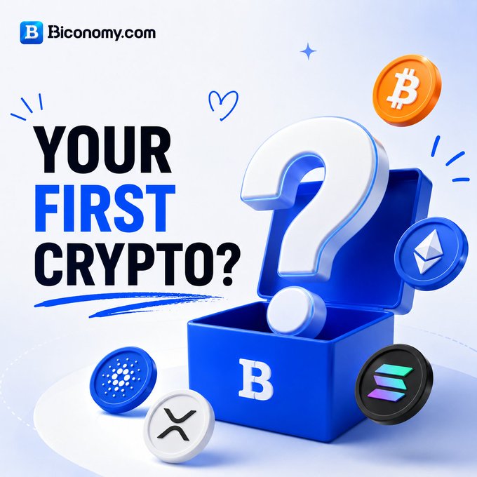 A promotional image from Biconomy.com featuring a blue mystery box with a large question mark and floating cryptocurrency coins including Bitcoin, Ethereum, Cardano, and XRP, with the text 'YOUR FIRST CRYPTO?'