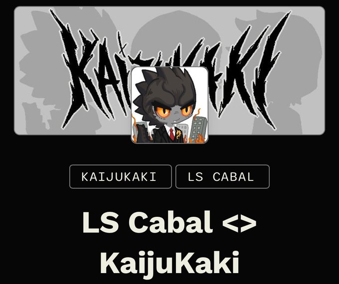Promotional graphic featuring "KaijuKaki" and "LS Cabal" branding with a dark-haired anime-style character in a suit, aligning with the collaboration announcement for an 8,888 supply NFT collection priced at 0.015E on ETH mainnet.