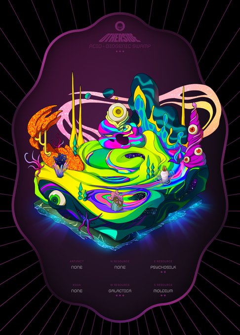 A vibrant, psychedelic digital artwork titled 'ACID ECOSERIC SWAMP' featuring surreal colorful terrain with strange creatures, labeled with stats for ABERRANT, KI RESSOURCE, SI-RESSOURCE, KOOK, VR-RESSOURCE, and SI-RESSOURCE.