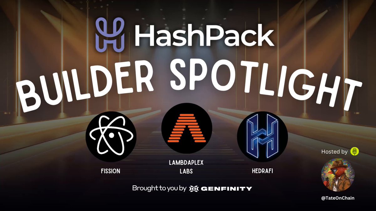 The image features a banner with three logos, including an "H" for HashPack, an "A" for LambdaPlex, and an "H" for Hedera Fi. The text on the banner reads "Builder Spotlight", which is likely related to a new project or initiative in the cryptocurrency space. The post also mentions that there are three teams building the future of HederaFi: @lambdaplex, @hedrafi, and @Fissionpcom.