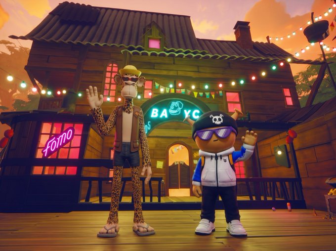 Two stylized 3D cartoon characters—a tall giraffe in a yellow hat and a shorter figure in a panda cap and sunglasses—wave in front of a wooden building with neon signs reading "BAYC" and "FOMO."