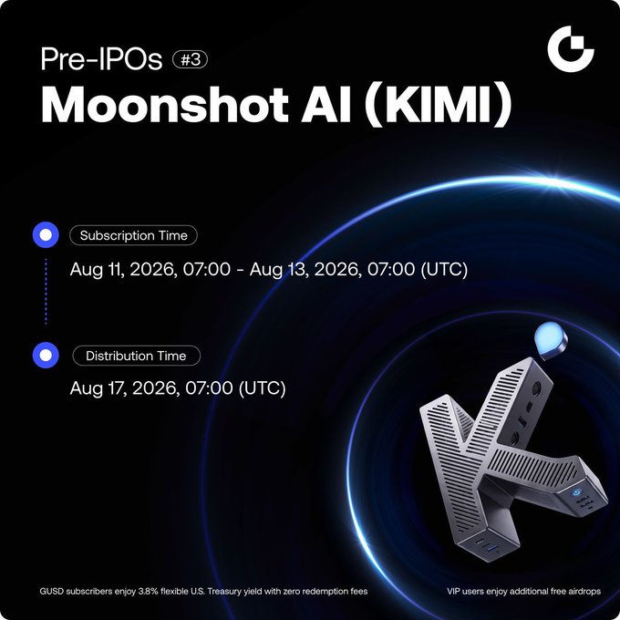 A promotional graphic for Gate's Pre-IPOs #3 event featuring Moonshot AI (KIMI), displaying a subscription window from Aug 11-13, 2026 (07:00 UTC) and distribution on Aug 17, 2026, with a 3D "K" logo against a cosmic blue background, noting benefits for GUSD and VIP subscribers.