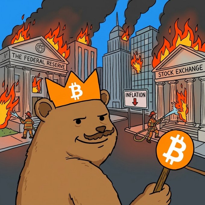 The image features a cartoon bear wearing an orange crown, holding a sign that reads "Bitcoin", surrounded by firefighters who are trying to put out fires in buildings. The bear appears to be in control of the Bitcoin symbol, suggesting a connection between the firefighting efforts and the rise of Bitcoin as a digital currency.

The post is about Bitcoin, which is a type of cryptocurrency, and it seems that the bear's actions represent its popularity or influence on the market.