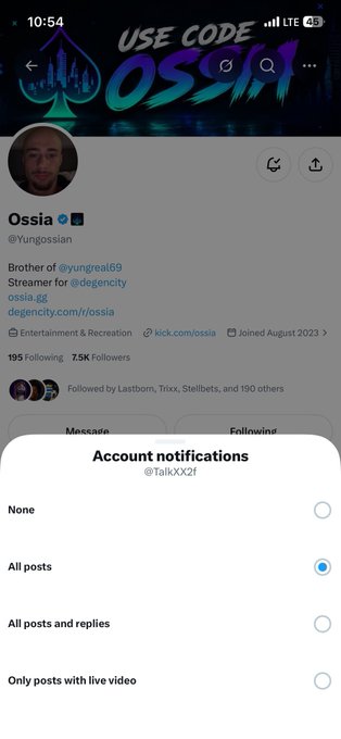 A mobile screenshot of the Instagram profile 'ossia.gg' (@Yungossian) with 195 following and 7.5K followers, showing an Account notifications settings menu with 'All posts' selected.