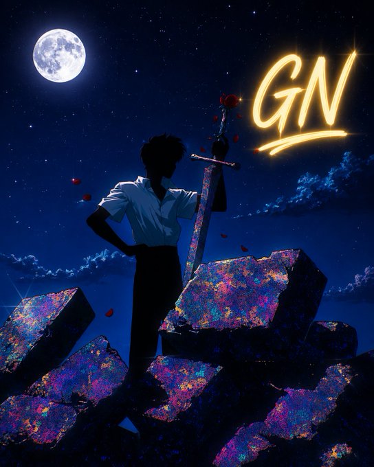 An anime-style illustration of a young man standing on rocky terrain holding a sword under a full moon, with glowing yellow 'GN' text in the sky.