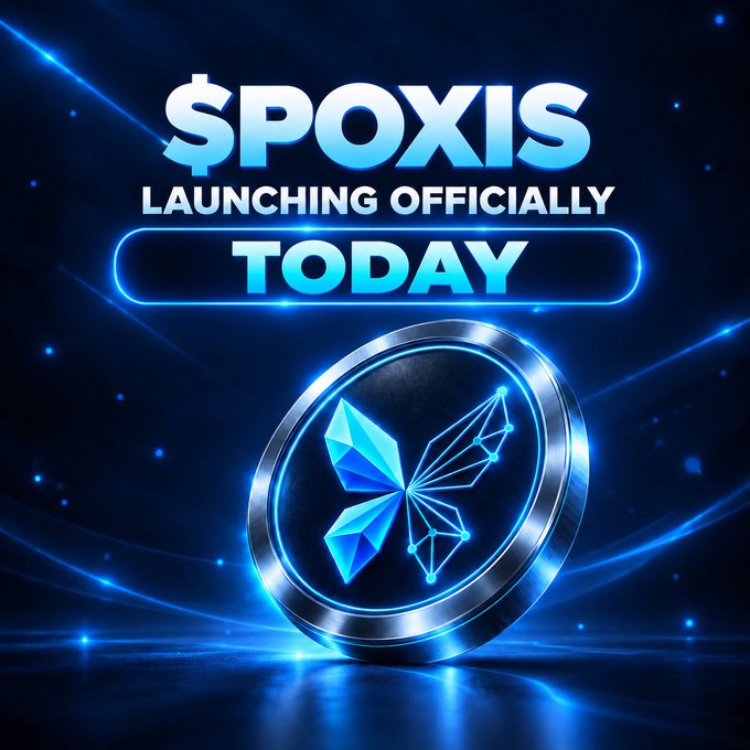 A digital promotional graphic with a dark blue cosmic background features the text "$POXIS LAUNCHING OFFICIALLY TODAY" above a metallic coin emblem displaying a blue crystal butterfly design. The image serves as a visual announcement for the $POXIS meme coin launch on Solana, highlighting the airdrop event for the first 2,000 addresses.