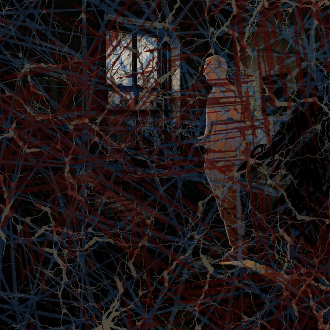 An abstract dark artwork featuring dense, tangled red and blue linear brushstrokes that obscure a faint figure of a person in an interior room setting.