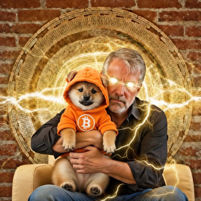 A surreal AI-generated image showing an older man with glowing eyes holding a Shiba Inu dog wearing an orange Bitcoin-themed hoodie, set against a mystical stone portal background with electric energy effects.
