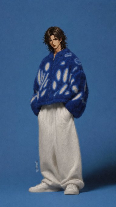 A fashion-style photograph of a male model with dark, messy hair, wearing an oversized, fuzzy blue and white patterned cardigan over loose, light-colored trousers and white sneakers, standing against a solid blue background.