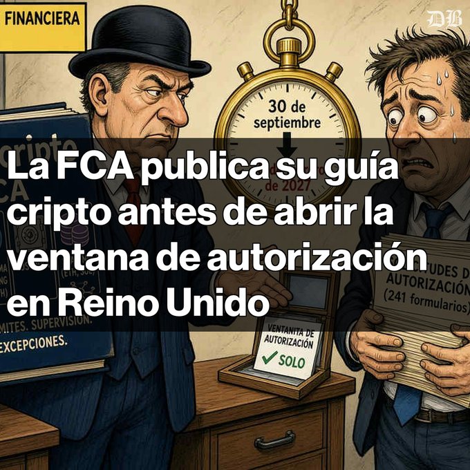An illustrated graphic in Spanish with the headline 'La FCA publica su guía cripto antes de abrir la ventana de autorización en Reino Unido', depicting two men with a pocket watch showing '30 de septiembre'.