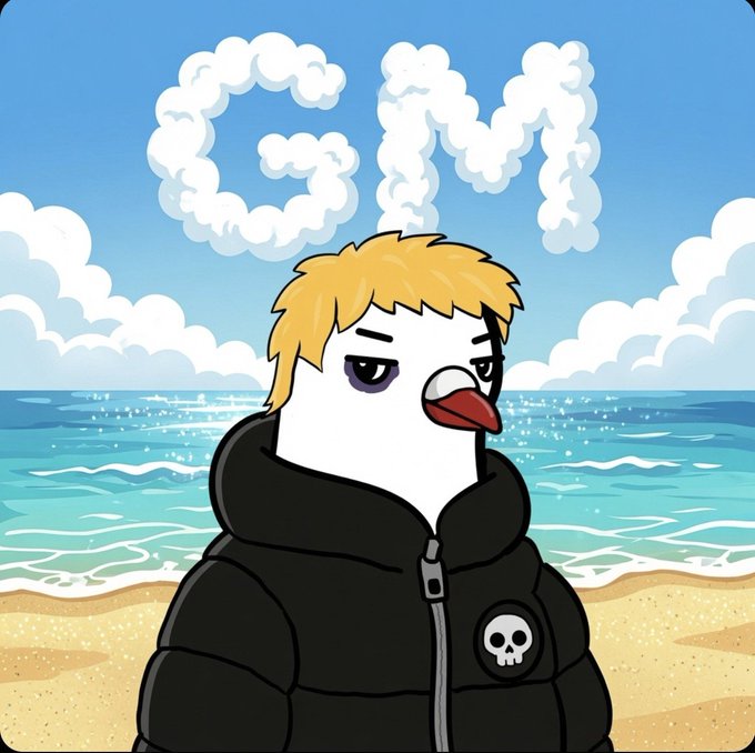 A cartoon illustration of a white bird character with blonde hair and a red beak wearing a black puffer jacket with a skull logo, standing on a beach with 'GM' formed by clouds in the sky.