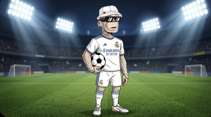A cartoon character wearing a Real Madrid jersey with 'Emirates FLY BETTER' sponsor text holds a soccer ball on a stadium field, sporting a bucket hat and sunglasses.
