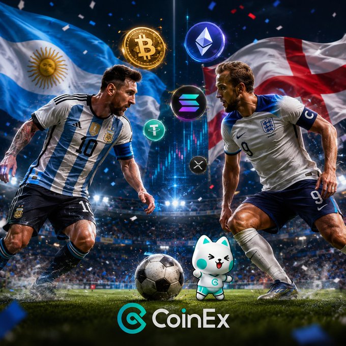A CoinEx promotional image featuring Lionel Messi (Argentina) and Harry Kane (England) facing off with a soccer ball, surrounded by crypto logos including Bitcoin, Ethereum, Solana, Tether, XRP, and a cartoon mascot.