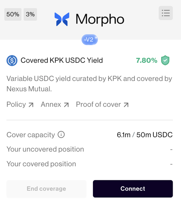 A screenshot of the "Morpho" app showing a "Covered KPK USDC Yield" rate of 7.80% with options for Policy, Annex, and Proof of cover.